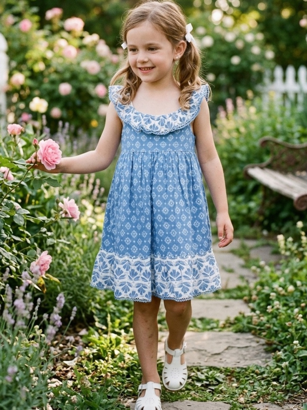 Sigrid Olsen Blue and Cream Linen Ruffle Kids Dress